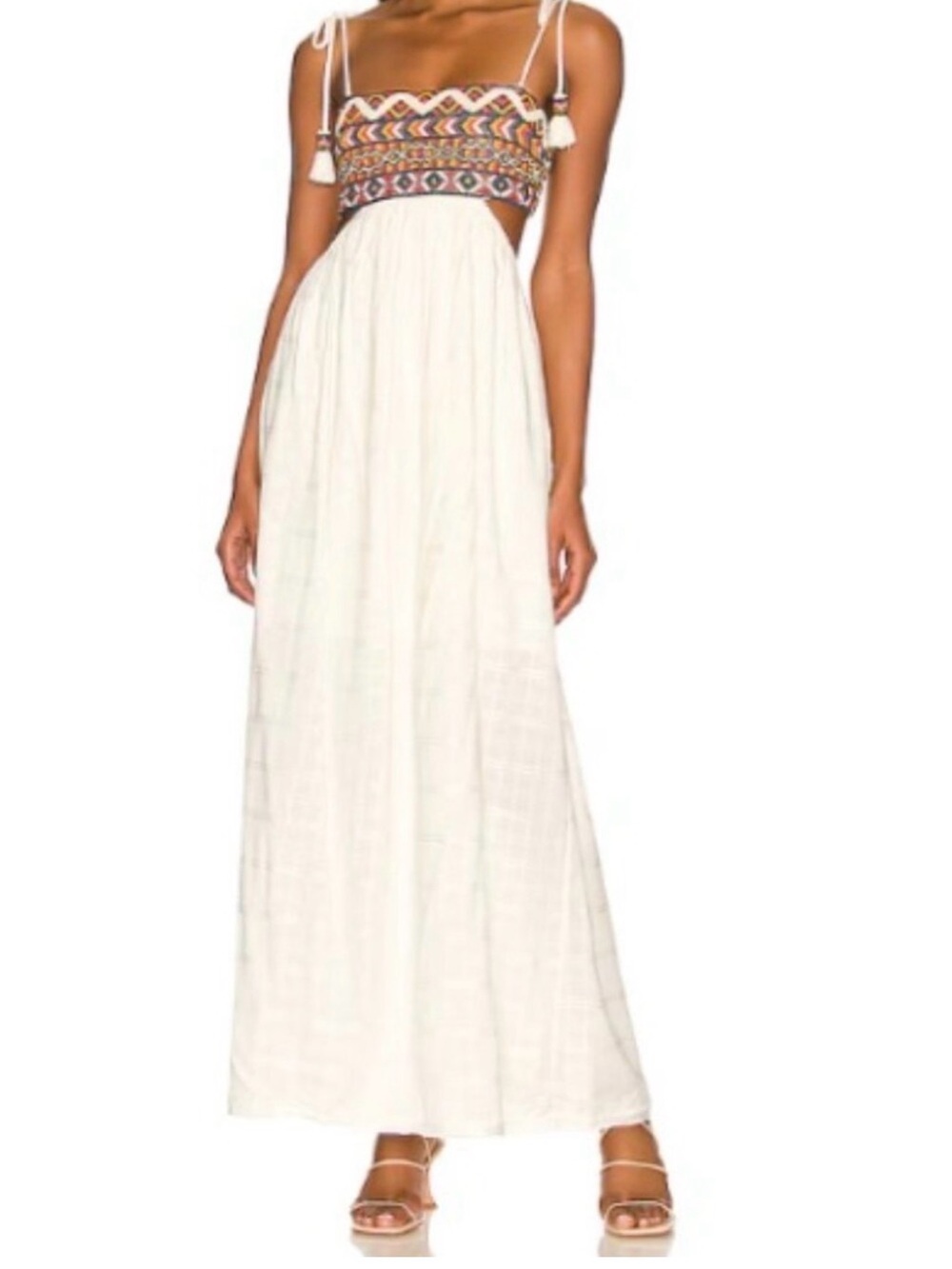 Free People White Maxi Dress with Multicolor Embroidered Bodice